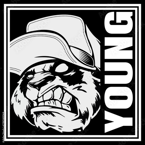 angry panda head wearing a hat.vector hand drawing,Shirt designs, biker, disk jockey, gentleman, barber and many others.isolated and easy to edit. Vector Illustration