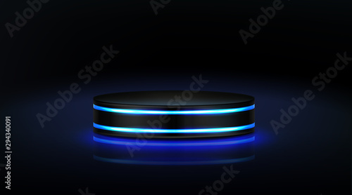 Neon podium. Empty stage for product presentation or fashion show performance, pedestal in nightclub dance floor glowing in darkness illuminated with searchlights Realistic 3d vector illustration