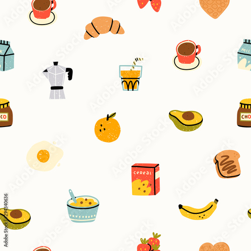 Healthy breakfast. Various tasty food and drinks. Cute hand drawn icons and logos. Trendy vector illustrations. Cartoon style. Flat design. Colorful seamless pattern 