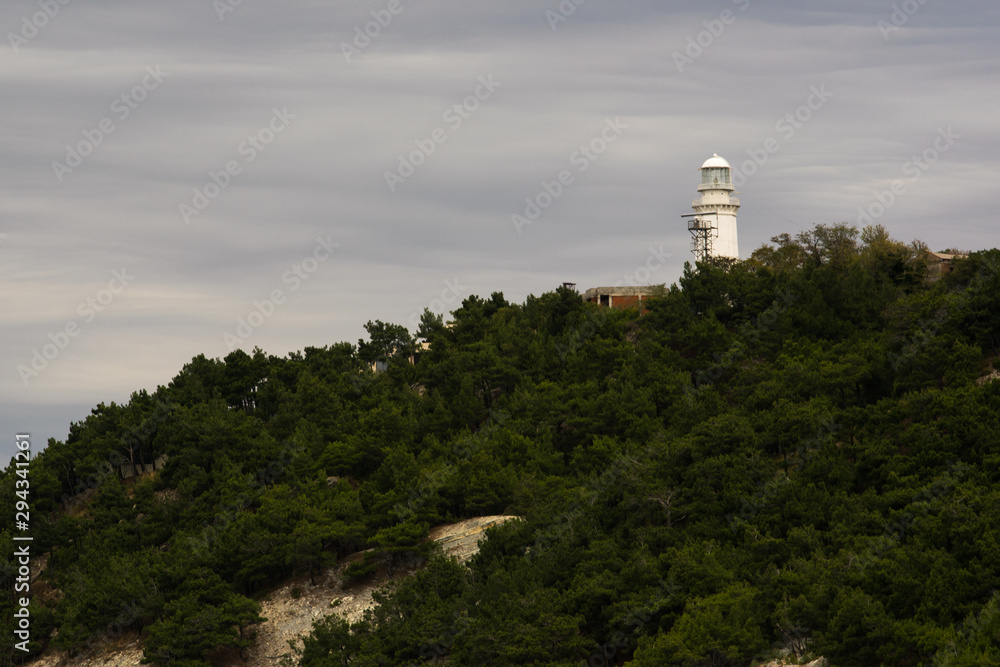 Lighthouse on top of a wooded hill