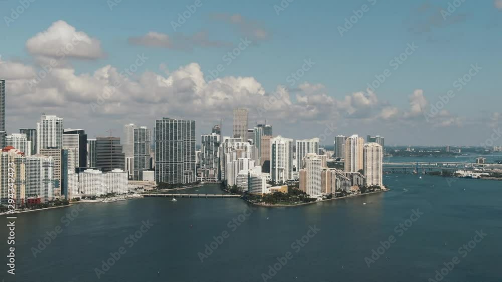 Aerial view of downtown Miami cityscape waterfront over Biscayne Bay drone 4K Aerial view of downtown Miami cityscape waterfront over Biscayne Bay drone 4K