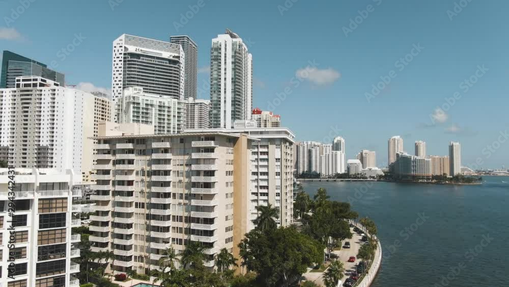 Rising aerial view of Brickell waterfront buildings in downtown Miami 4K Rising aerial view of Brickell waterfront buildings in downtown Miami 4K