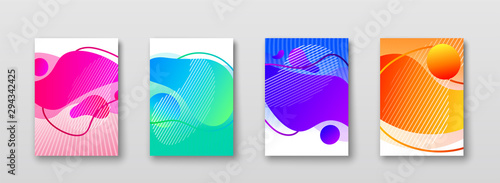 Vector illustration of bright color abstract pattern background with gradient line, liquid shapes, dots for minimal dynamic wave cover design. Blue, pink, yellow, green placard poster template