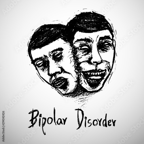 Drama and comedy face illustration Bipolar disorder concept eps vector. Drawing two face man with double face expression isolated on gray background.