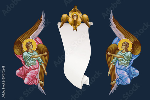 Two archangels and holy spirit. Illustration, frescoes in Byzantine style
