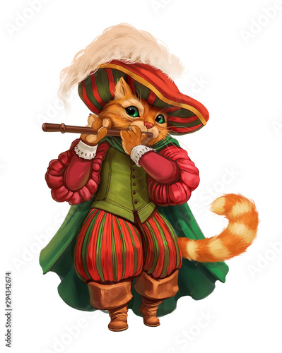 Fotografie Cartoon hand-drawn illustration of cat in boots playing flute