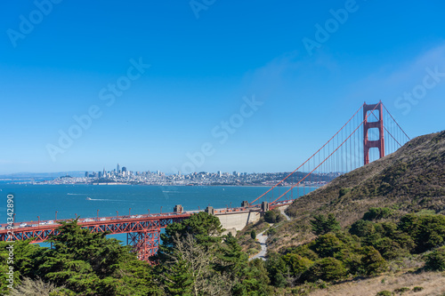 Skyline of San Francisco with Golden Gate Bridge.