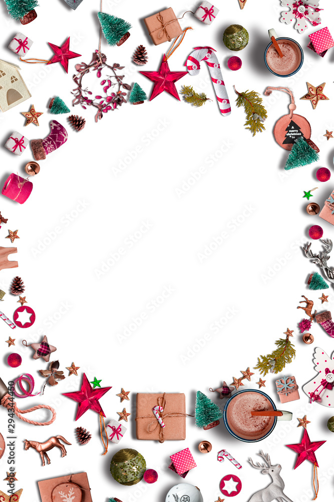 Christmas frame holiday background with decorations and ornaments on white table.