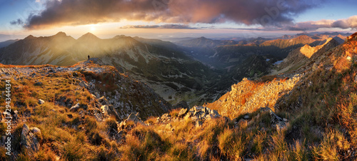 Slovakia mountain landscape at dramatic sunset  Panorama of Rohace Tatras