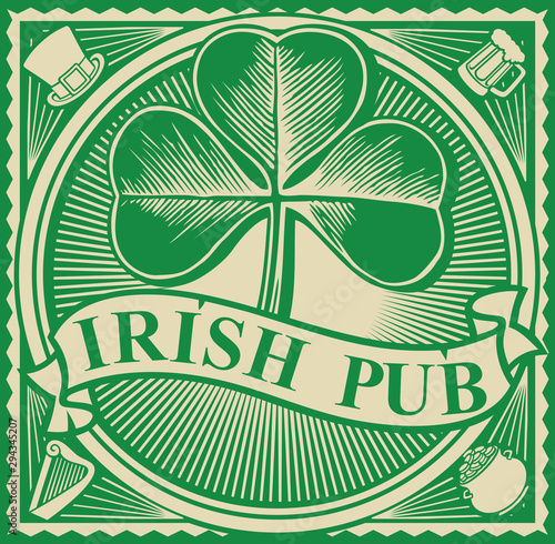 Irish pub label design with three leaf clover