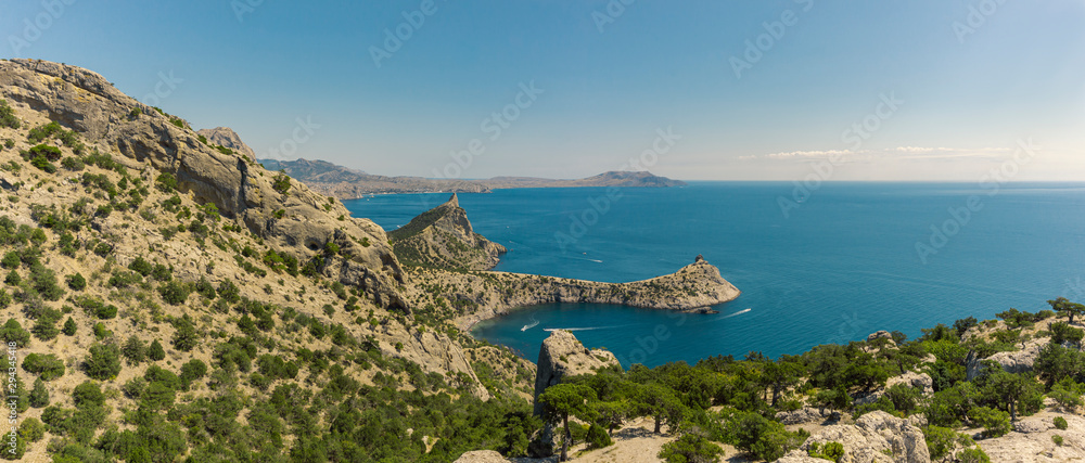 Panorama of the Crimean mountains and Black Sea of  the Sudak region.