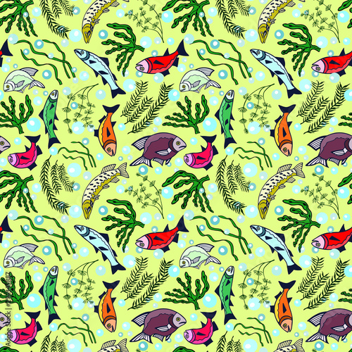 Seaweed  fish and bubbles seamless pattern. eps10 vector illustration.