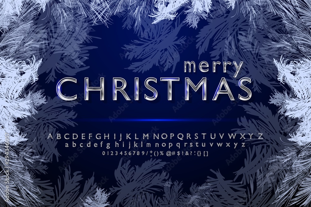 Vector silver handwritten Christmas font alphabet with the symbol of a