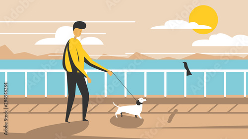 Vector illustration of a man walking with a dog at a seafront enjoying the sunset