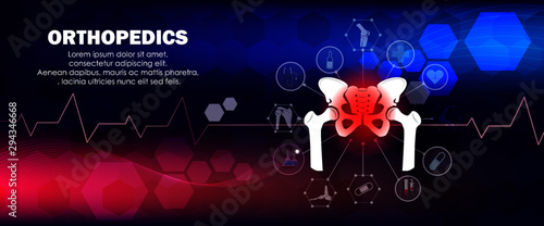 Medical treatment for orthopedic traumatology. Doctor give treatment for a patient who has a pelvic injury. Orthopedics medical molecule Hexagon.Vector illustration