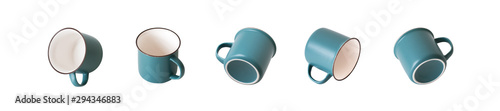 Empty ceramic (looks like enameled) gray-turquoise and ivory mug from different angles, a set of types. Isolated object on a white background.