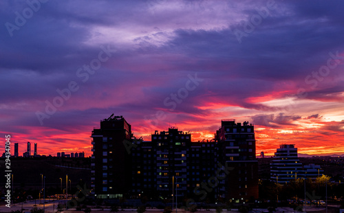 View of the sunset from Valdebebas with Madrid's four towers in the background