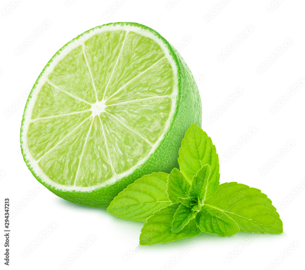 Obraz Composition with lime and mint isolated on a white background with clipping path. Variation on a Mojito theme.