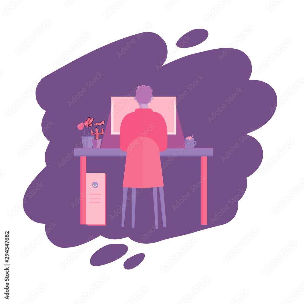 Young man working at his office. Vector flat style illustration Young man working at his office. Vector flat style illustration