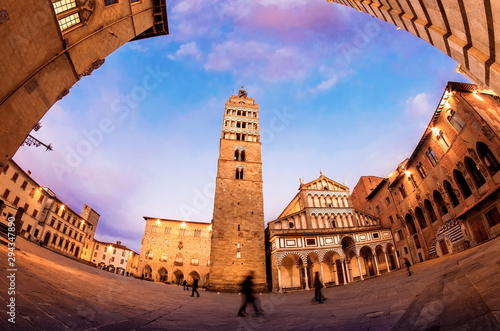 Fisheye view of Pistoia Main Square Piazza Duomo with cathedral in the middle, old bishops palace  and town hall