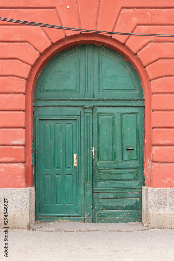 Old green wooden door with new locks and door handles. Elements