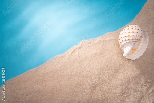 Sea shore, card for a travel agency, sand shell, blue ocean, sun vacation and relaxation.