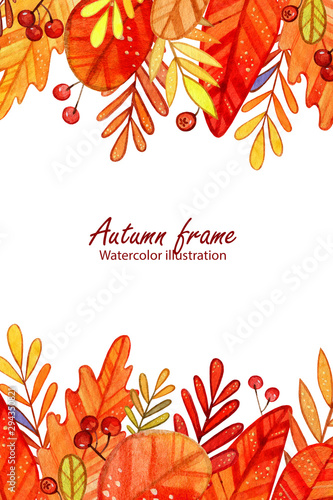 Watercolor frame of colorful autumn elements. Concept of the autumn for the design of invitations, greeting cards