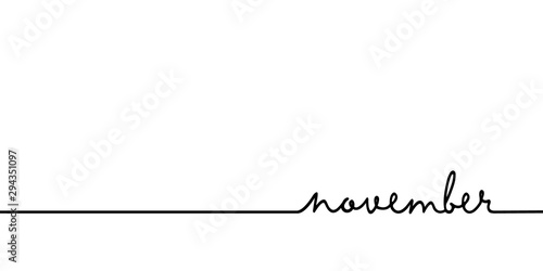 November - continuous one black line with word. Minimalistic drawing of phrase illustration