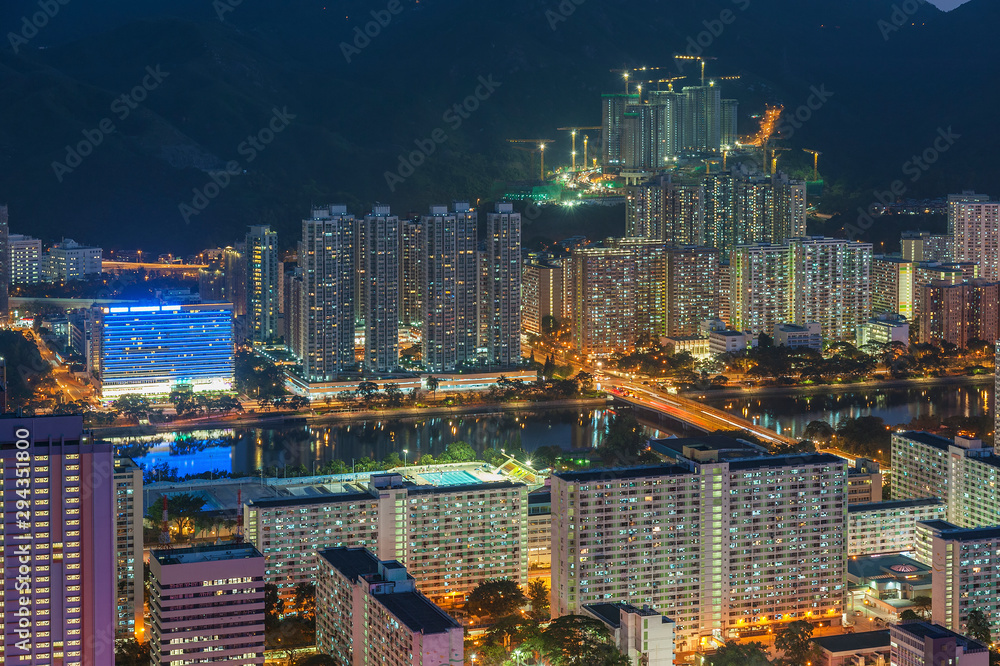 Aerial view of residential district of Hong Kong city at night