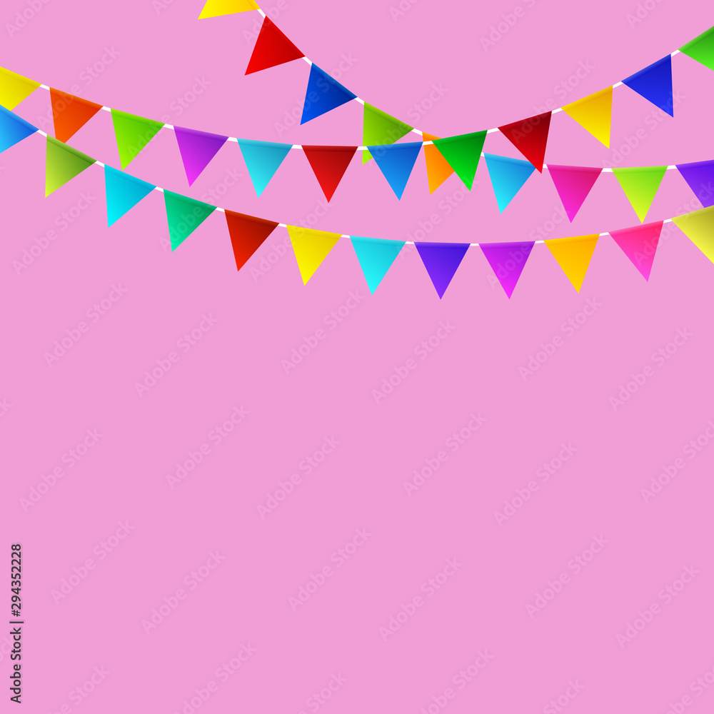 Festive Background, Holiday Colorful Colored Bunting Flags on Pink Background , Vector Illustration
