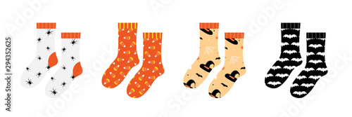 Pair of socks set, collection with halloween patterns, ornaments isolated on white background.