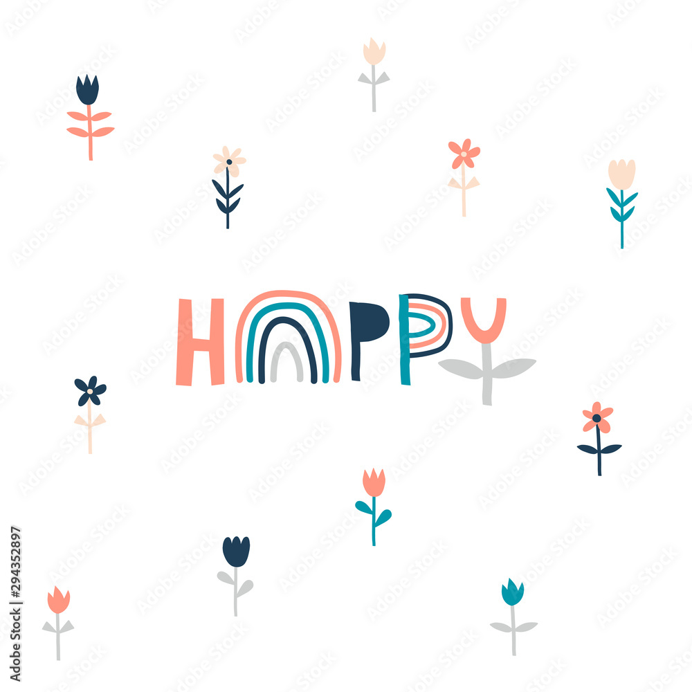 Happy handwritten flat vector lettering. Doodle rainbow and flower word letters isolated illustration. Cartoon chamomiles, tulips drawing and freehand inscription. Felicity concept
