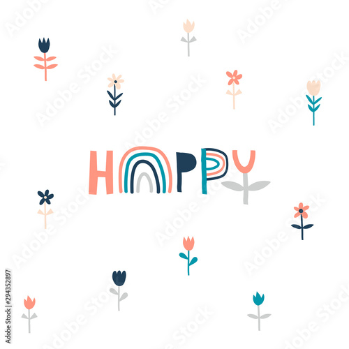 Happy handwritten flat vector lettering. Doodle rainbow and flower word letters isolated illustration. Cartoon chamomiles, tulips drawing and freehand inscription. Felicity concept