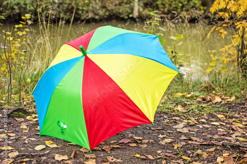 A multi-colored umbrella in red  green  yellow  blue is standing on the ground with fallen leaves  in the background are trees and a pond. The concept of autumn  rainy autumn day  walk 