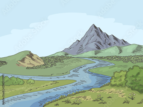 Mountain river graphic color landscape sketch illustration vector