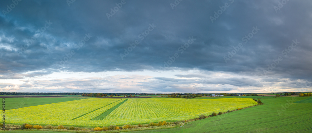 Aerial panoramic view of agriculture field in Lithuania