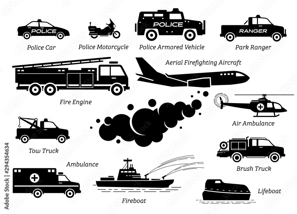 List of emergency response vehicles icon set. Artwork depicts police car, police motorcycle, armored vehicle, fire engine, ambulance, lifeboat, helicopter, tow truck and aerial firefighting aircraft. List of emergency response vehicles icon set. Artwork depicts police car, police motorcycle, armored vehicle, fire engine, ambulance, lifeboat, helicopter, tow truck and aerial firefighting aircraft.