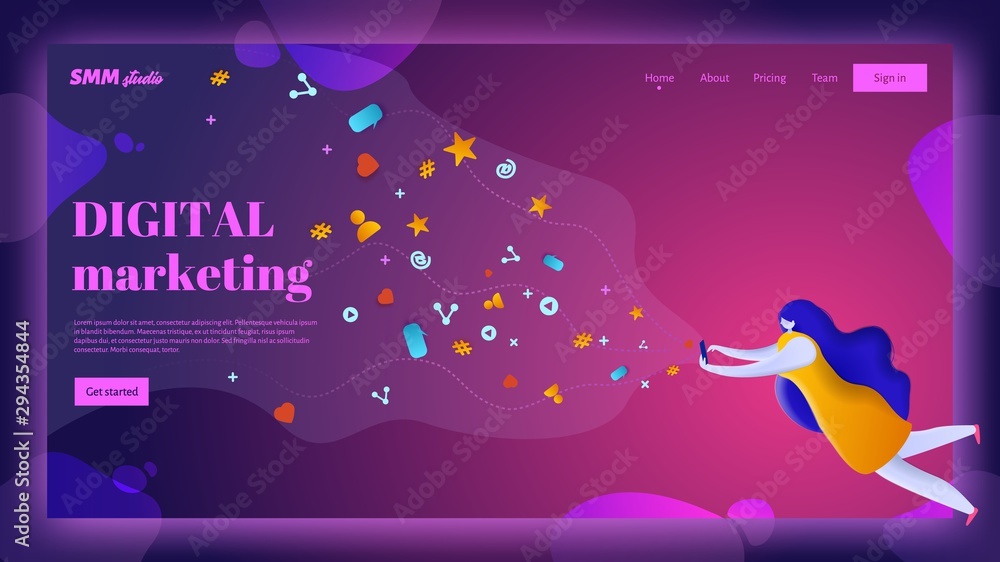 Digital matketing webpage template. A woman using her device to access social media network. Flat vector illustration.