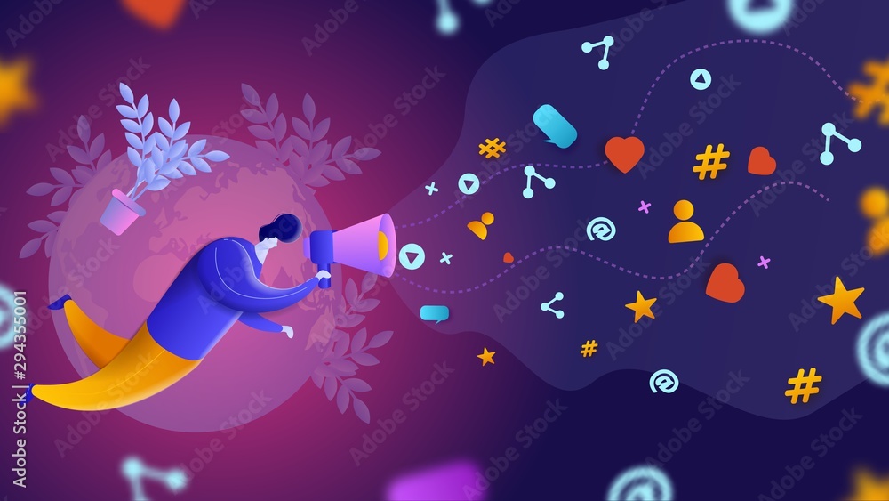 Digital marketing vector illustration. A man with a big mouthpiece engages in brand promotion on social networks.