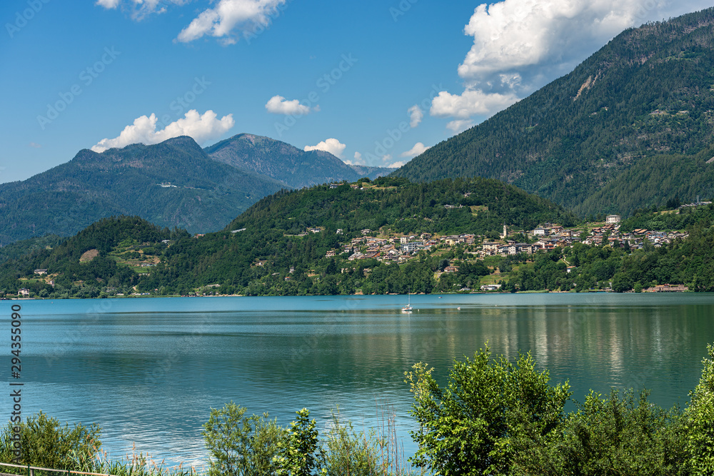Lake Caldonazzo and Italian Alps with the small village of Ischia, Valsugana valley, Trento province, Trentino-Alto Adige, Italy, Europe