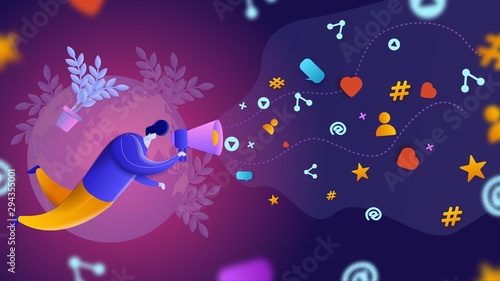 Digital marketing vector illustration. A man with a big mouthpiece engages in brand promotion on social networks.