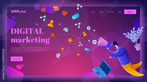 Digital marketing vector landing page header template.. A man with a big mouthpiece engages in brand promotion on social networks.