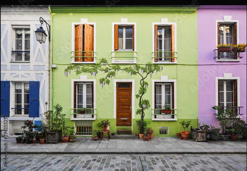 Paris Seitenstraße bemaltes Haus Farben Gasse bunt floral Ornament Kopfsteinpflaster Blumentöpfe Idyll Frankreich Hauptstadt grün Fenster Tür Eingang Nostalgie Vintage Hauptstadt Metropole Rue Avenue photo