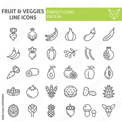 Fruits and vegetables line icon set  food symbols collection  vector sketches  logo illustrations  grocery signs linear pictograms package isolated on white background.