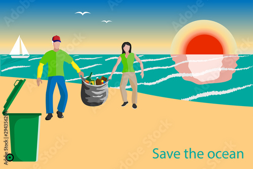 Volunteers collect and throw garbage on the beach - flat vector illustration