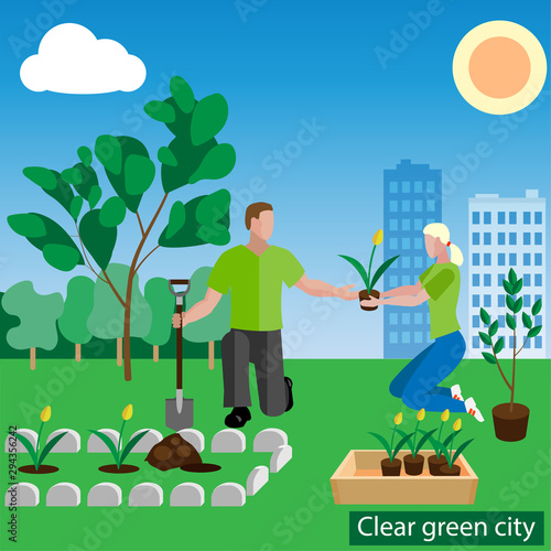 Volunteers plant flowers and trees - flat vector illustration