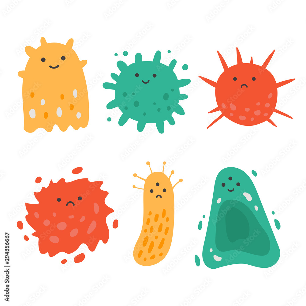 Viruses kawaii illustration set. Cute cartoon characters of bacterial