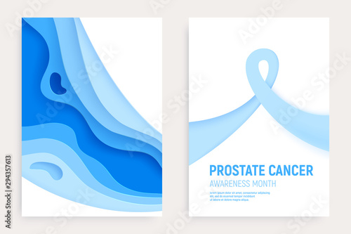 Prostate cancer awareness month paper cut banner set. Paper art blue ribbon - November health care symbol. International health campaign for man. Craft vector illustration