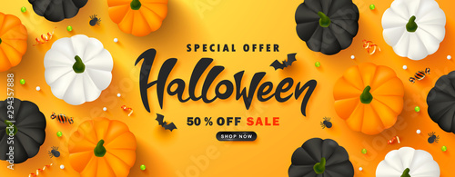 Halloween Sale Promotion Poster with pumpkins, spiders, candy,bats, streamers and beads .Vector illustration for website , posters, ads, coupons, promotional material