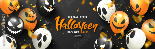 Halloween Sale Promotion Poster with scary balloons,spiders, candy and flying serpentine.Vector illustration for website , posters, ads, coupons, promotional material,invitation, postcard